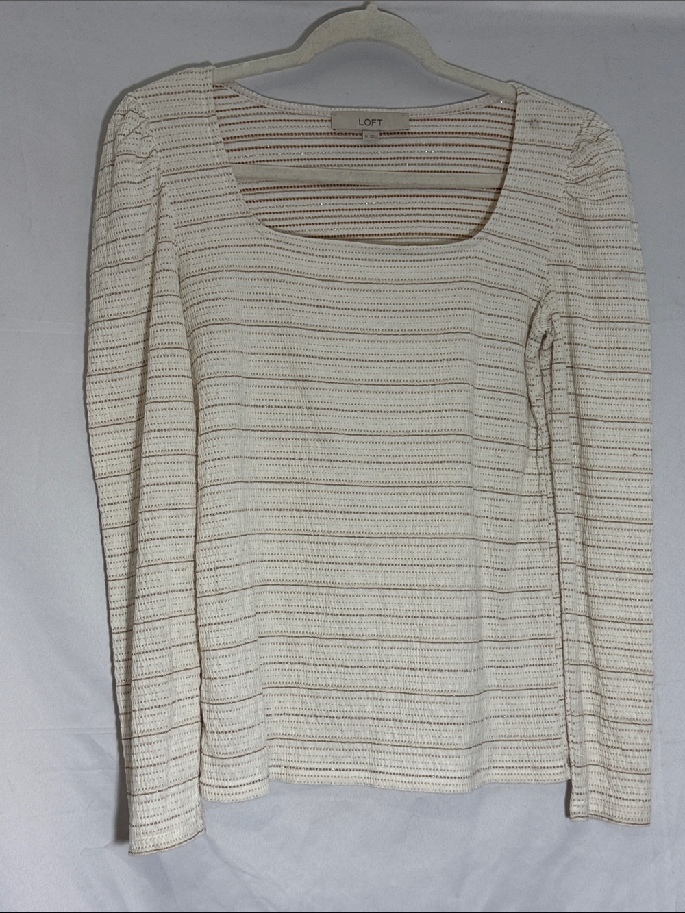LOFT Cream and Gold Striped Long Sleeve Scoop Neck Top
